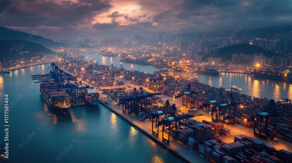 Obraz premium A bustling port with cargo containers stacked high, cargo ships docked at the docks, and busy cranes unloading goods under the twilight sky