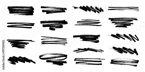 Collection of Black Hand Drawn Permanent Crayon and Marker Brush Stroke Lines. Grunge stroke collection perfect for underlining and highlight documents