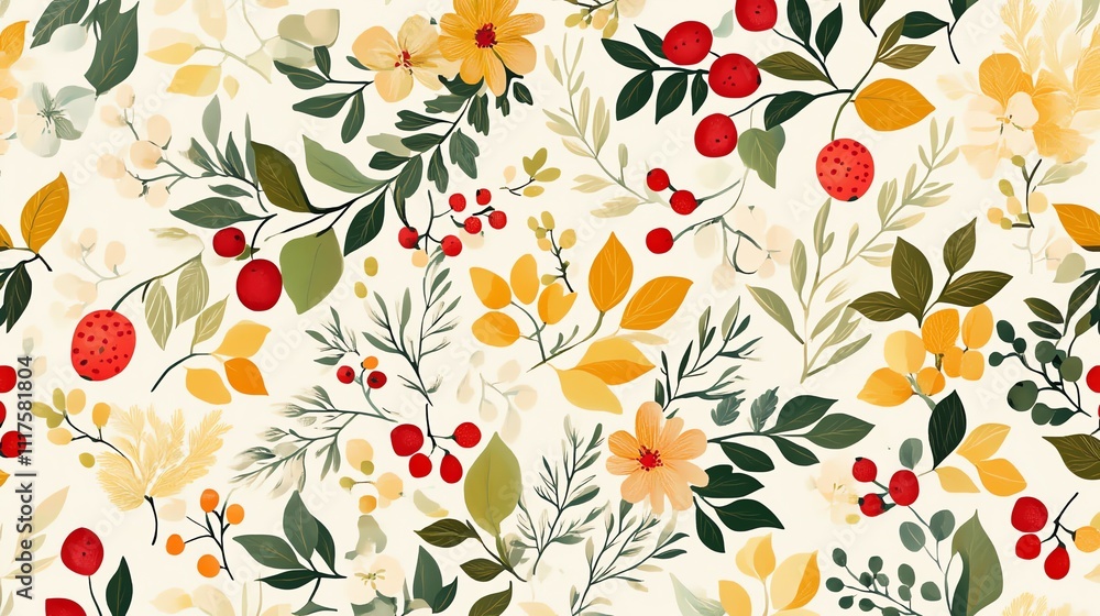 The image shows a cartoon illustration of a seamless pattern of flowers, leaves, and berries on a light background. It is a simple design with warm colors, suggesting a celebratory or season The image shows a cartoon illustration of a seamless pattern of flowers, leaves, and berries on a light background. It is a simple design with warm colors, suggesting a celebratory or season