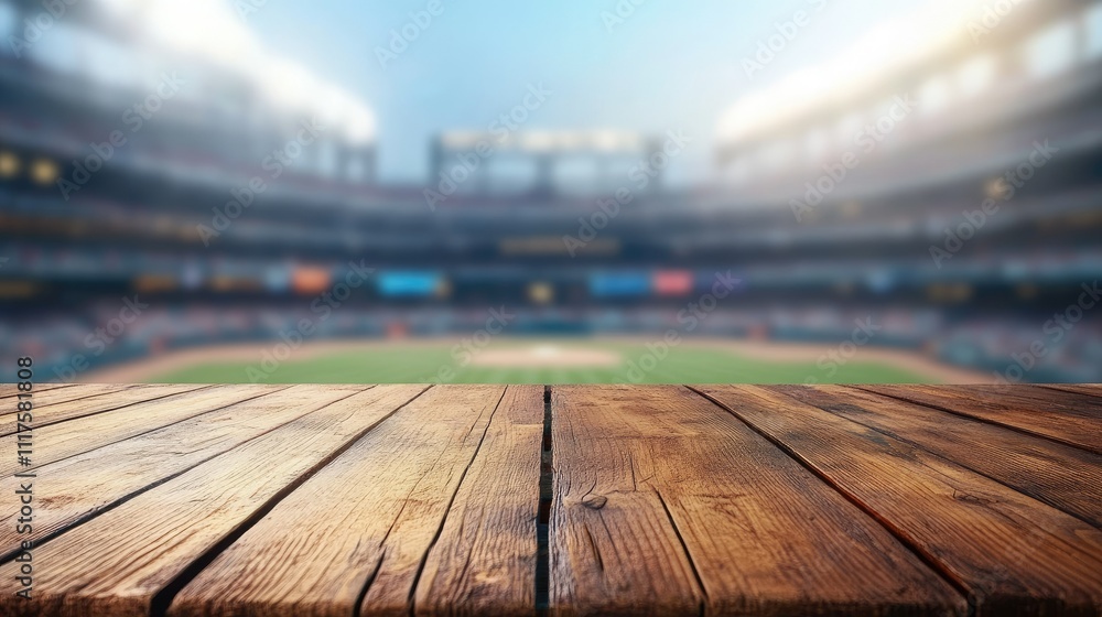Close-up of an empty wooden table with a blurred American baseball stadium in the background under bright lights. Close-up of an empty wooden table with a blurred American baseball stadium in the background under bright lights.