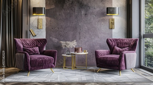 Trendy living room with rich plum armchairs, soft grey rug, gold fixtures, and textured elements