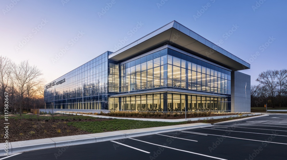 Modern Glass Office Building at Dusk Exterior View Modern Glass Office Building at Dusk Exterior View