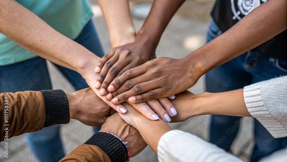 A close-up of diverse hands of various skin tones and ages placed together in a circle A close-up of diverse hands of various skin tones and ages placed together in a circle