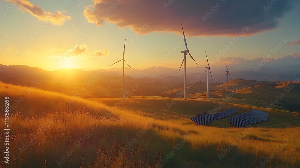 Sunset wind farm a scenic view of sustainable energy revolution