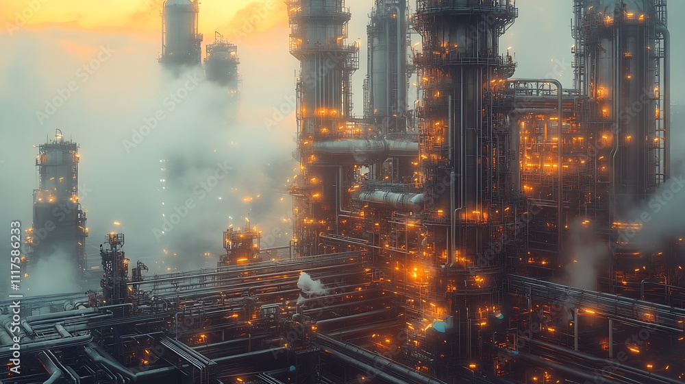 Fototapeta premium Industrial action at sunset oil refinery digital art urban scene