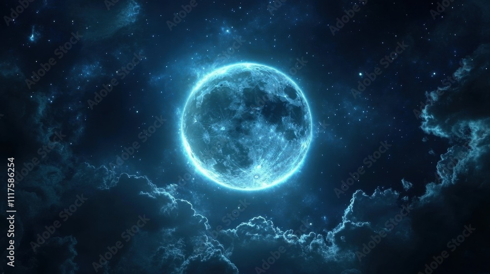 Mystical Blue Moon Night Sky with Clouds and Stars. Mystical Blue Moon Night Sky with Clouds and Stars.
