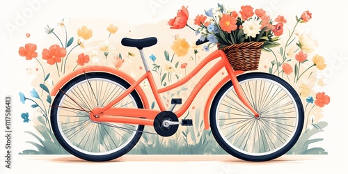 A vintage-style bicycle with a basket of flowers against a floral background.