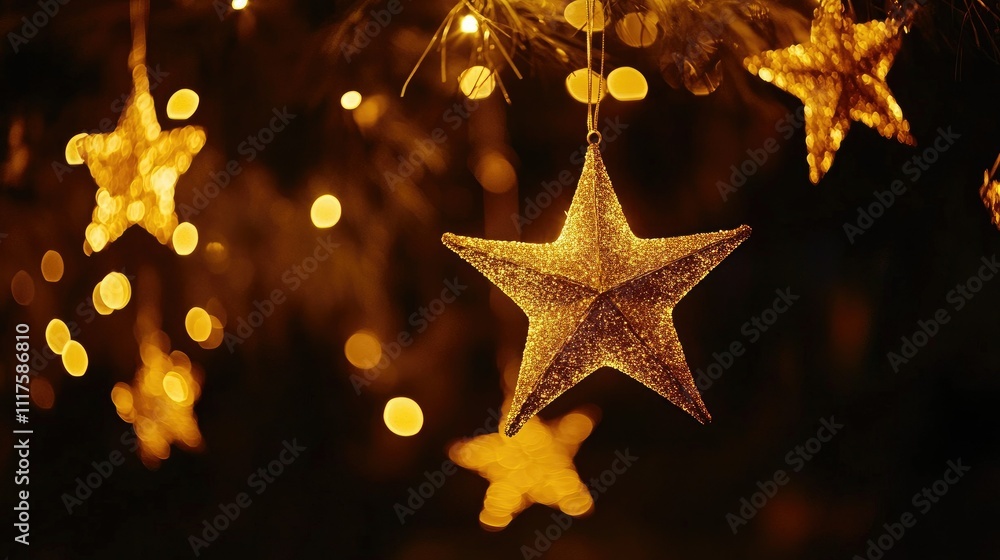 Golden star trails falling gracefully with luminous bokeh lights, creating a festive mood on a black background Golden star trails falling gracefully with luminous bokeh lights, creating a festive mood on a black background