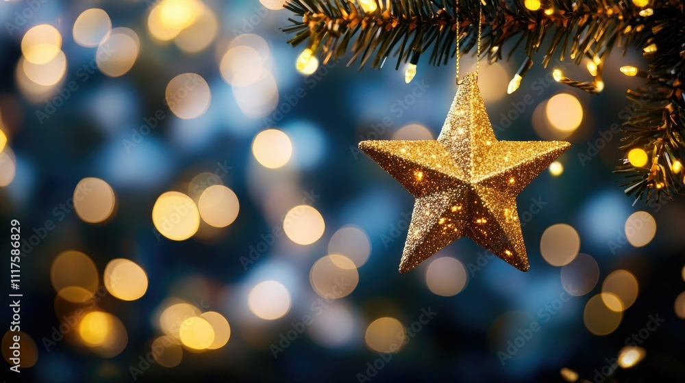 Golden star trails falling gracefully with luminous bokeh lights, creating a festive mood on a black background Golden star trails falling gracefully with luminous bokeh lights, creating a festive mood on a black background