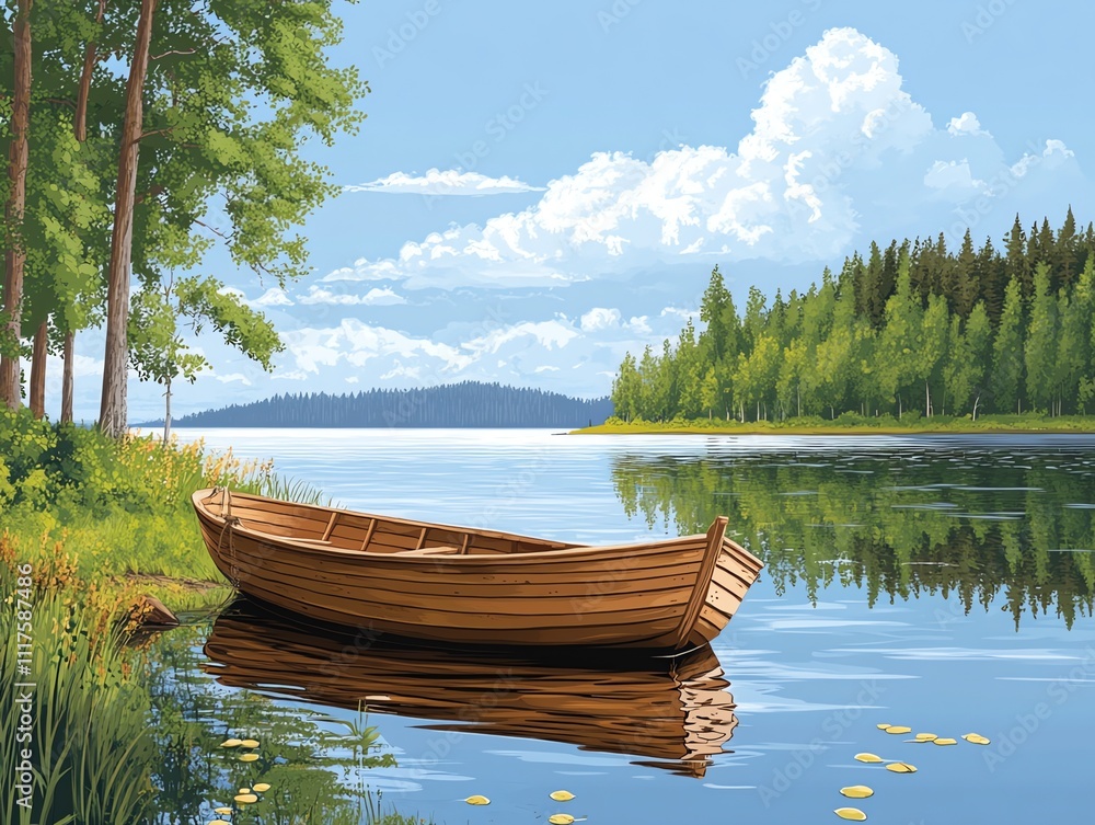 Obraz premium A serene lakeside scene featuring a wooden boat and lush greenery under a blue sky.