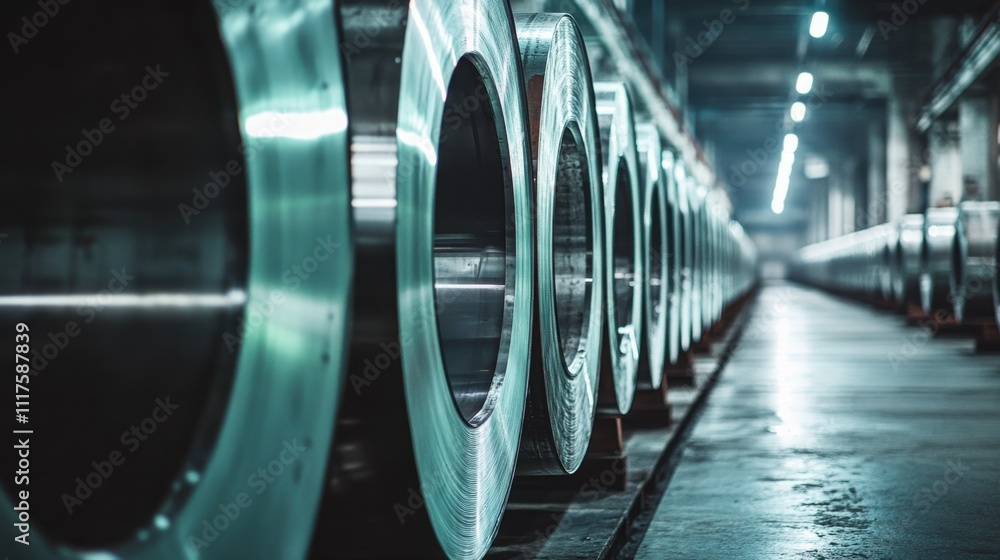 Obraz premium Industrial Steel Coil Storage, Metal Sheets Warehouse.