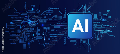 Artificial intelligence Chip Processor. AI Technology banner. AI chip processor. Futuristic technology background. Contemporary science, electronic and digital concept