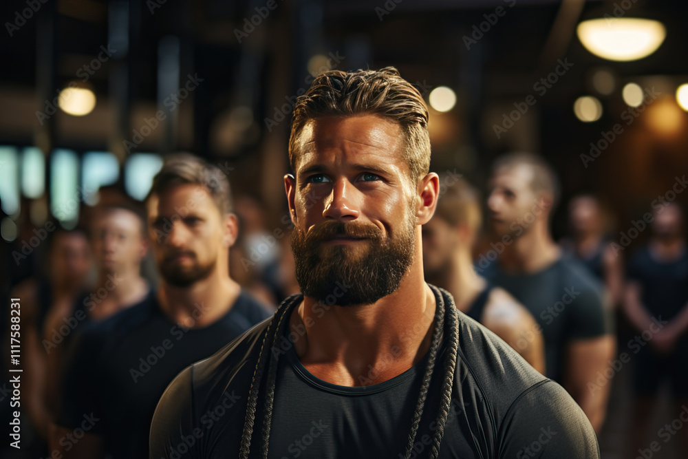 Male athlete with ropes on shoulders and chest. Male athlete with ropes on shoulders and chest.