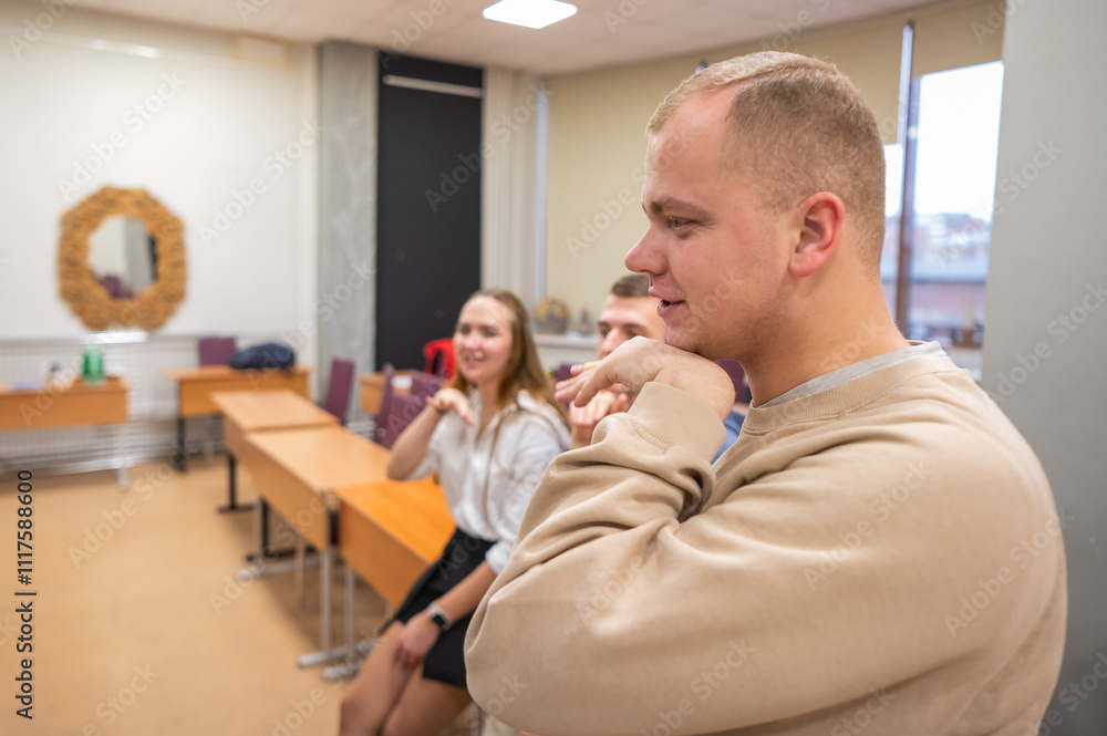 Fototapeta premium Students learn sign language at university. 