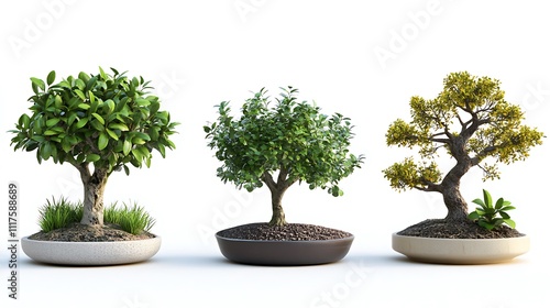 Three Miniature Bonsai Trees in Pots, Isolated on White Background