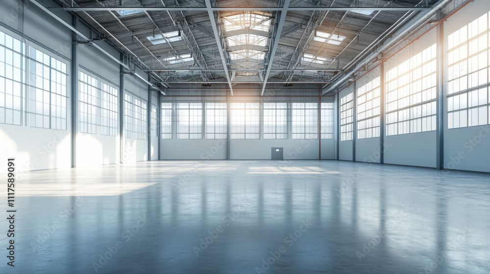 Spacious and sunlit empty warehouse with polished concrete floors and high ceilings, filled with natural light from large industrial windows. Spacious and sunlit empty warehouse with polished concrete floors and high ceilings, filled with natural light from large industrial windows.