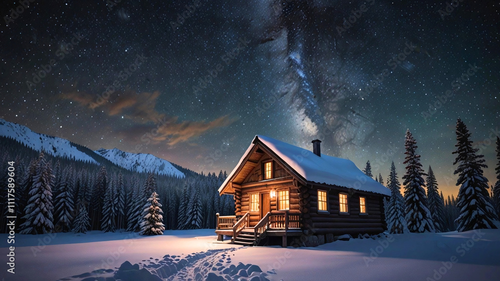 Starry Night Above a Snowy Cabin in a Winter Forest Starry Night Above a Snowy Cabin in a Winter Forest