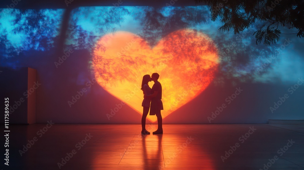 Romantic silhouette of a couple kissing in front of a heart-shaped projection. Romantic silhouette of a couple kissing in front of a heart-shaped projection.