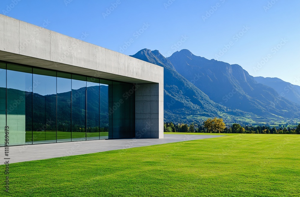 Artistic architecture at the foot of a mountain, with a grassy lawn and background, perfect for an automotive advertisement. Artistic architecture at the foot of a mountain, with a grassy lawn and background, perfect for an automotive advertisement.