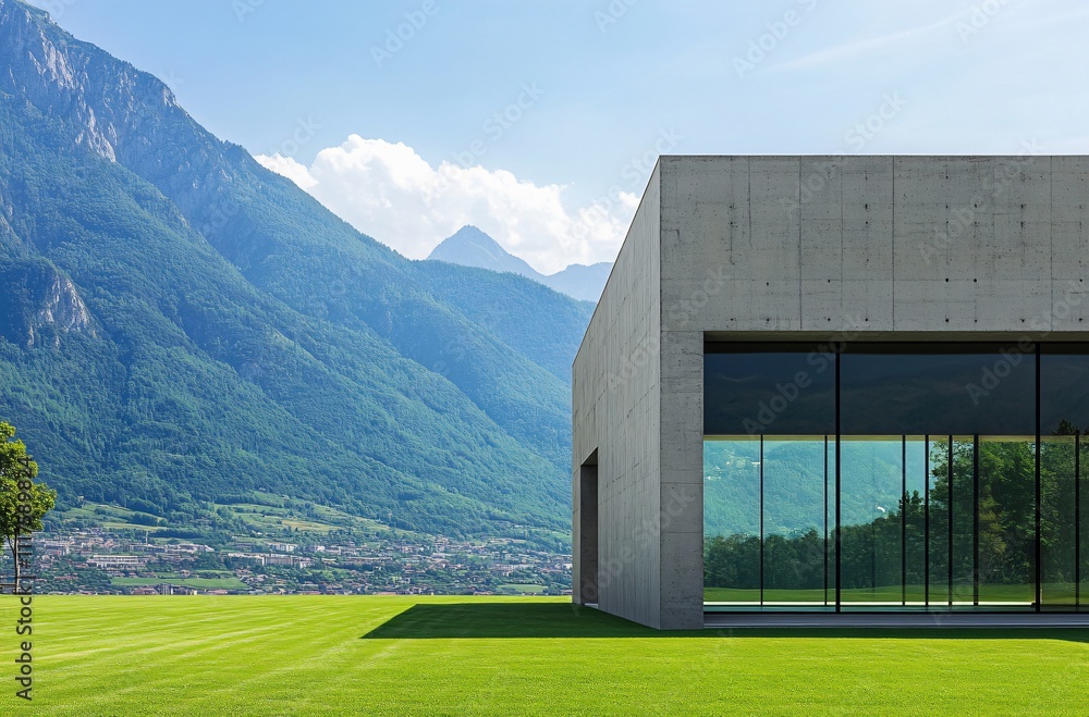 Artistic architecture at the foot of a mountain, with a grassy lawn and background, perfect for an automotive advertisement. Artistic architecture at the foot of a mountain, with a grassy lawn and background, perfect for an automotive advertisement.