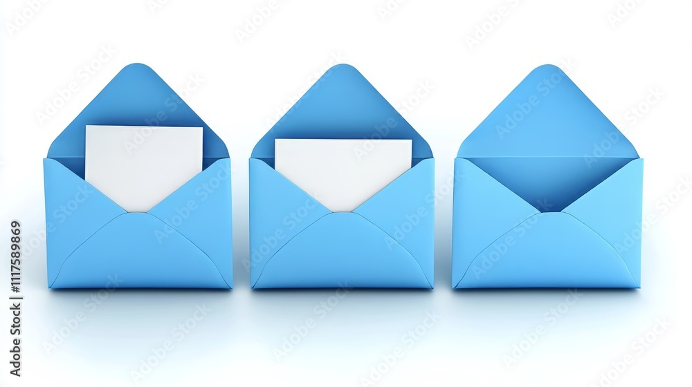 Three blue envelopes are shown. One is closed, the second is partly open, and the last one is completely open, revealing an empty card inside. Three blue envelopes are shown. One is closed, the second is partly open, and the last one is completely open, revealing an empty card inside.