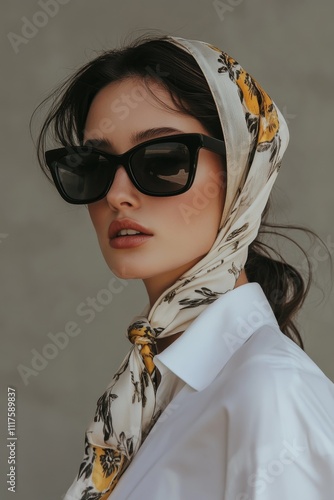 Elegant woman in floral scarf and sunglasses embracing vintage chic fashion