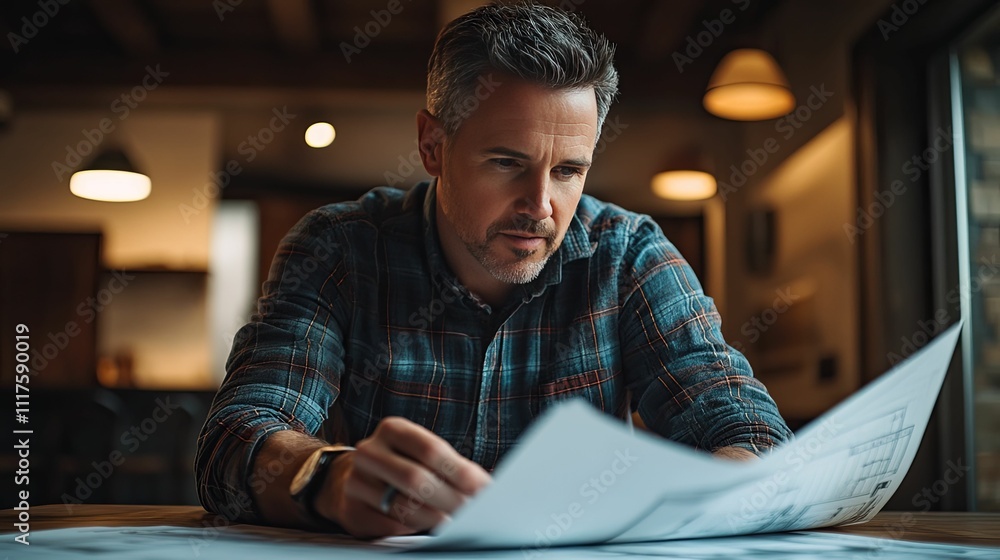 Man reviewing blueprints at home in evening light Man reviewing blueprints at home in evening light