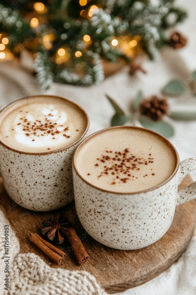Cozy winter scene with cappuccino and cinnamon in rustic mugs by a christmas tree Cozy winter scene with cappuccino and cinnamon in rustic mugs by a christmas tree