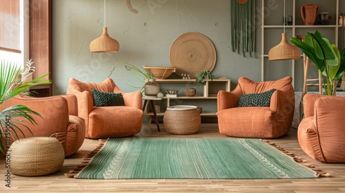 Trendy living room with terracotta armchairs, sage green rug, natural wood decor, and woven textures