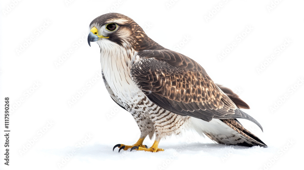 Majestic falcon with sharp yellow beak and intricate feather patterns stands gracefully on pristine white snow, embodying strength and elegance. Majestic falcon with sharp yellow beak and intricate feather patterns stands gracefully on pristine white snow, embodying strength and elegance.
