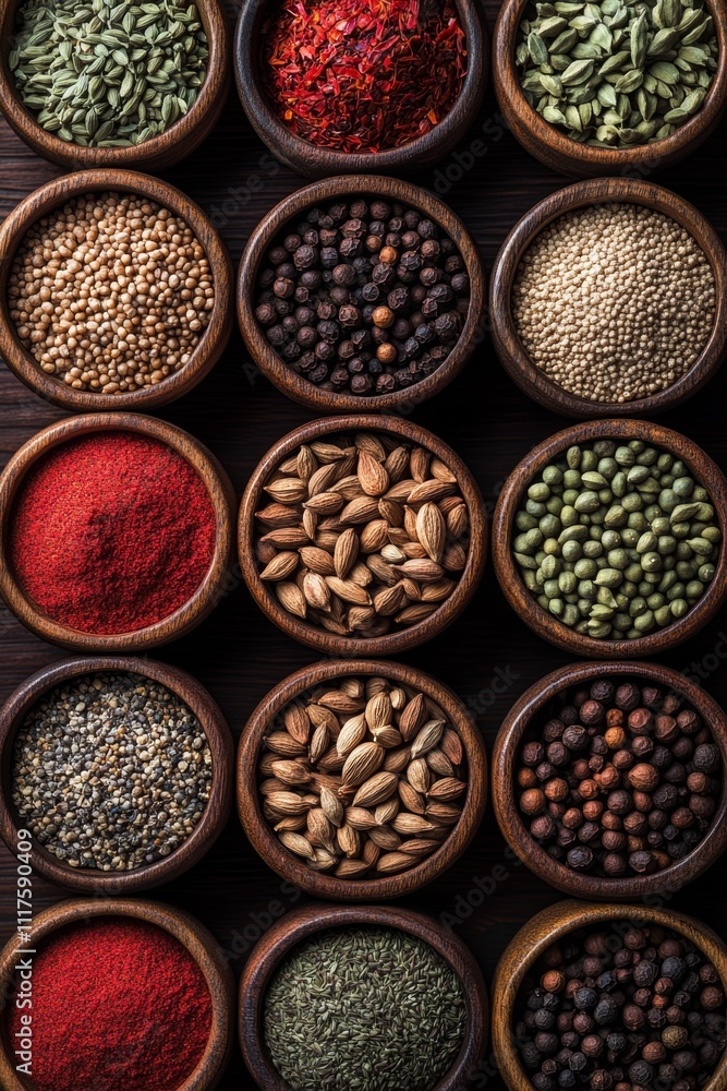 Stunning collection of various spices in wooden bowls for culinary inspiration and flavorful cooking Stunning collection of various spices in wooden bowls for culinary inspiration and flavorful cooking