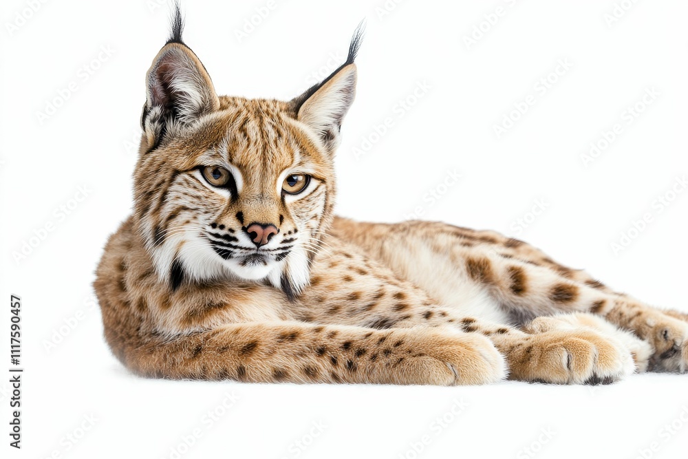 Fototapeta premium Spotted feline resting, white background.