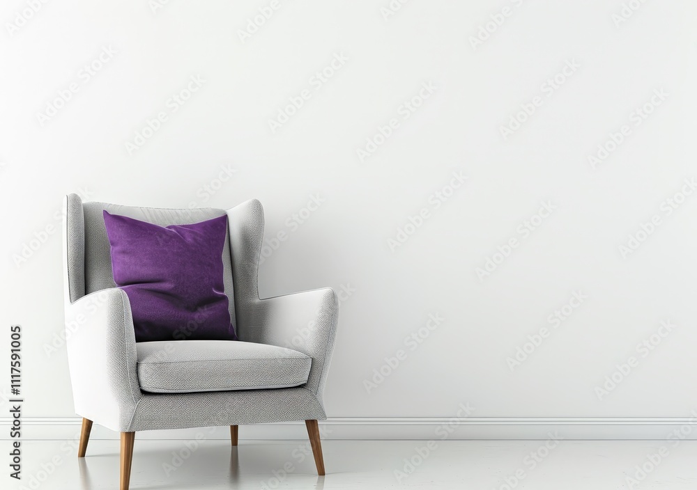 A white armchair with a purple pillow in a white room A white armchair with a purple pillow in a white room