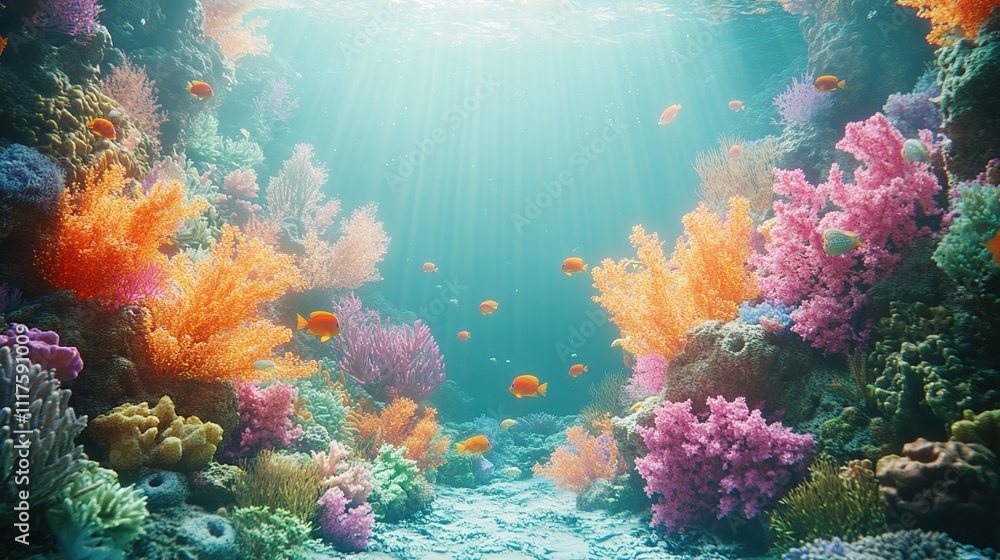 Fototapeta premium Vibrant underwater scene showcasing colorful corals and fish in a sunlit ocean.