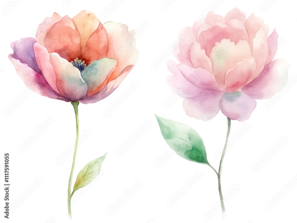 Two watercolor flowers with green leaves Two watercolor flowers with green leaves