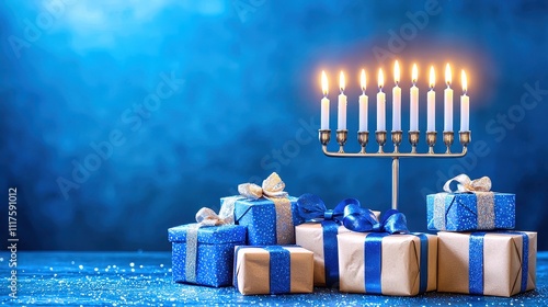 Festive celebration with a menorah and beautifully wrapped gifts in a cozy blue atmosphere photo