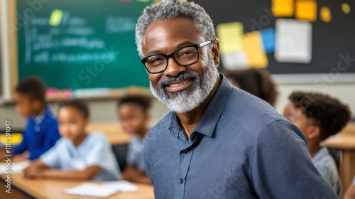 Smiling senior teacher standing in classroom with students learning