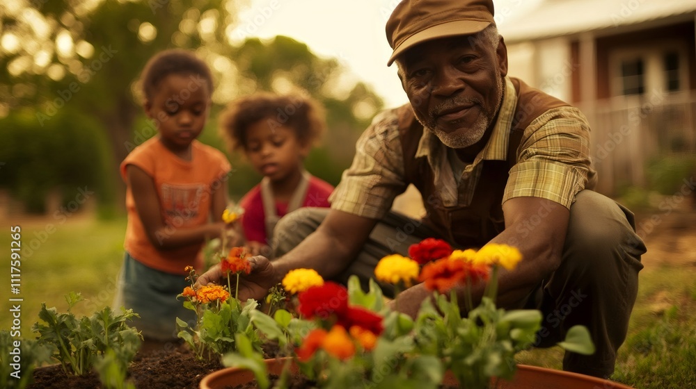 custom made wallpaper toronto digitalGrandfather gardening with grandchildren, planting flowers in garden