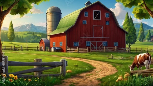 farm cartoon style illustration background multiple way with barn and green nature