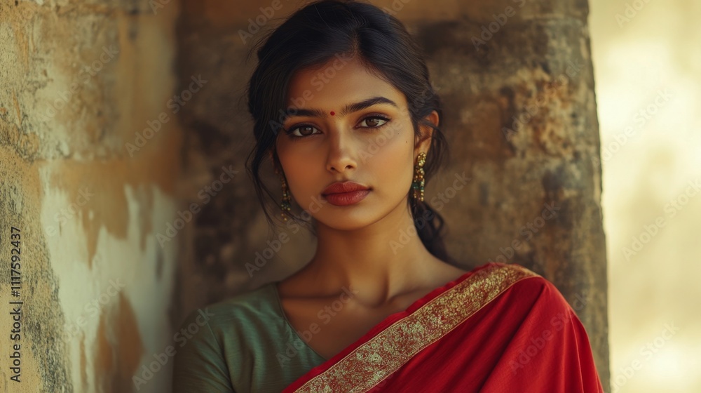 Elegant woman in traditional red sari with intricate gold embroidery against rustic wall Elegant woman in traditional red sari with intricate gold embroidery against rustic wall
