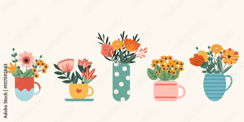 Fototapeta premium Flowers in pots set