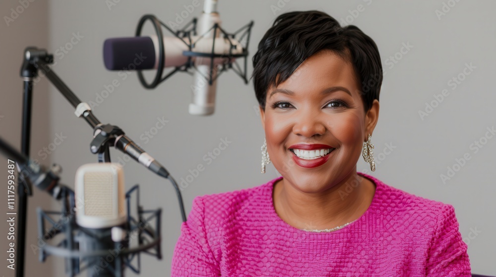 Podcasts offer platforms for interviews. Smiling woman in a recording studio Podcasts offer platforms for interviews. Smiling woman in a recording studio