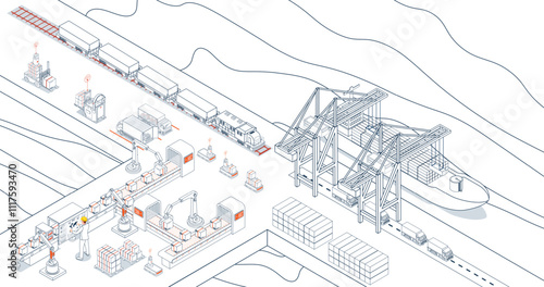 Efficient maritime logistics, Steel containers loaded onto industrial ships by crane, synchronized with warehouse operations. vector illustration eps10
