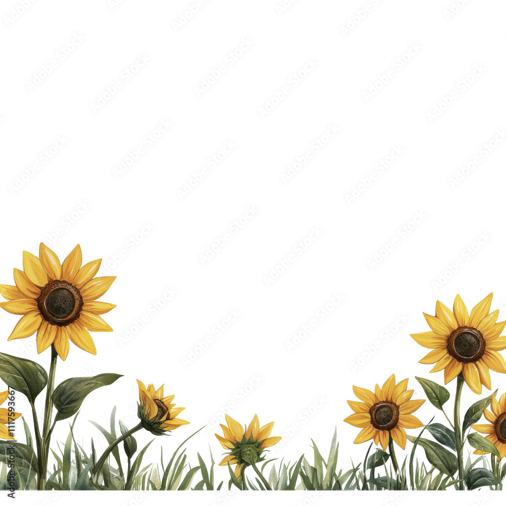 Fototapeta premium Watercolor Sunflowers Border, Floral Design | Watercolor illustrations