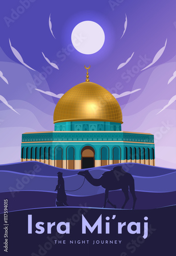 Al-Isra wal Mi'raj Translate: The night journey Prophet Muhammad Vector Illustration For Poster Template and Flyer, Simple Background of Isra Mi'raj Ceremony