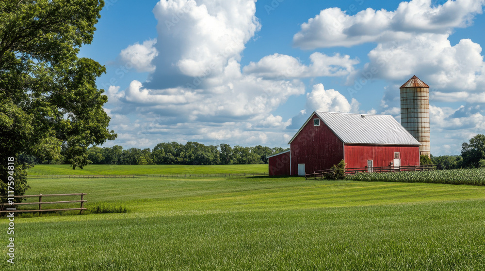 Idyllic rural landscape with a red barn and silo under a bright blue sky with puffy clouds, set amidst lush green farmland and leafy trees. Idyllic rural landscape with a red barn and silo under a bright blue sky with puffy clouds, set amidst lush green farmland and leafy trees.