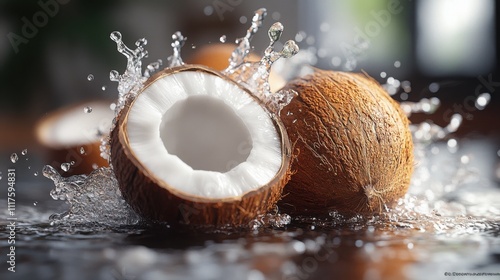 Dynamic coconut splash with water effect creating vibrant motion in a high-speed capture. photo