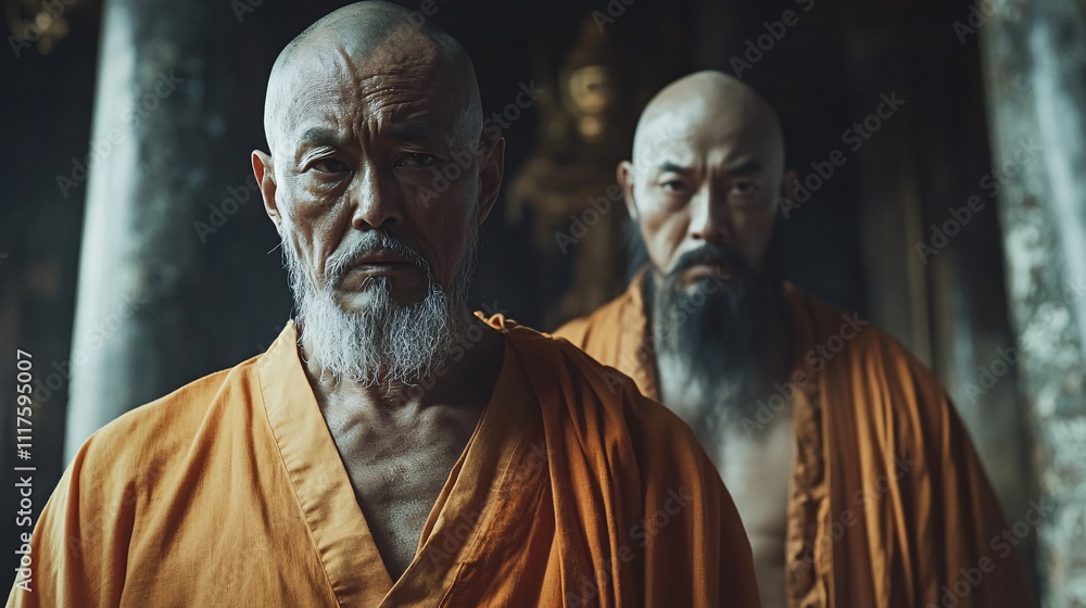 Naklejka premium mountain, temple, monks, meditation, spiritual, religion, devotion, landscape, meditation, Buddhism, prayer, serenity, peaceful, temple architecture, monk robes, altitude, faith, pilgrimage, worship,