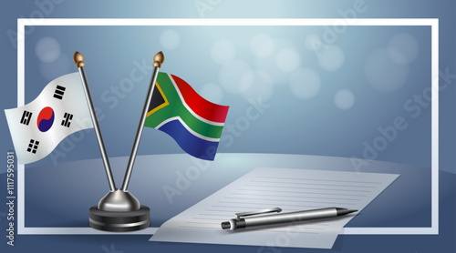 South Korea and South Africa Small national flag on bokeh background, cooperative relationship