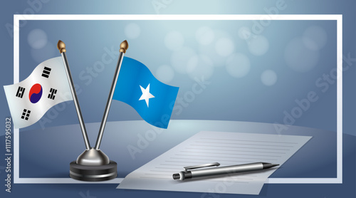South Korea and Somalia Small national flag on bokeh background, cooperative relationship